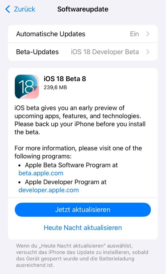 浦口苹果手机维修分享苹果 iOS / iPadOS 18 开发者预览版 Beta 8 发布 